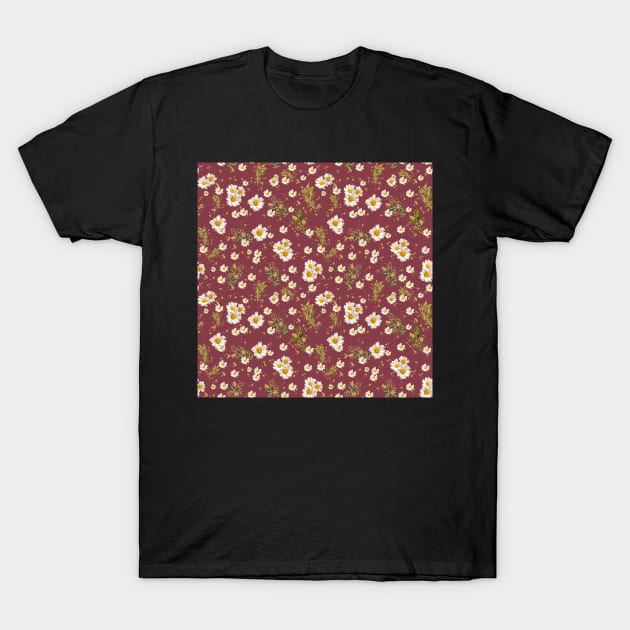 White Daisies Field Garnet Pattern Flowers T-Shirt by DMRStudio